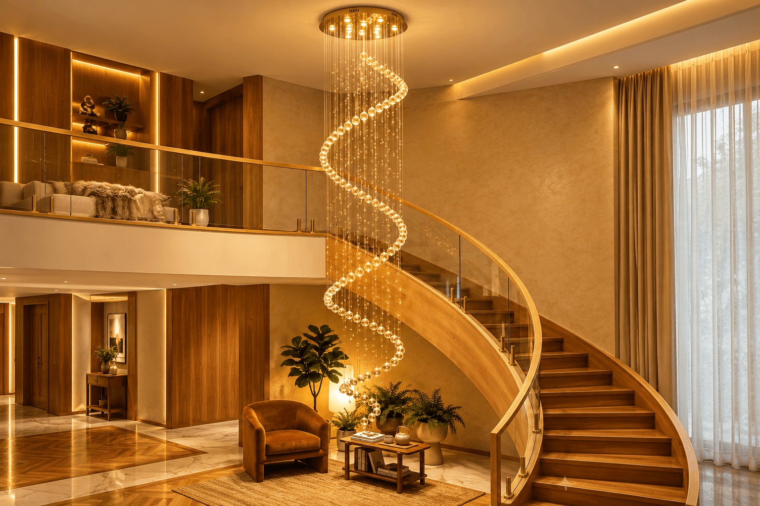 Spiral Crystal Chandelier for Double-Height Lobbies and Staircase Voids